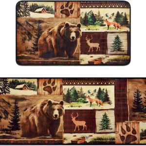 2 Pieces Bear Kitchen Rugs Non Slip Washable Kitchen Mats for Floor, Farmhouse Rustic Teddy Bear Kitchen Mat Rugs, Cushioned Anti Fatigue Kitchen Floor Mats Country Wildlife Rugs for Kitchen Bathroom