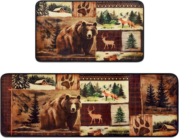 2 Pieces Bear Kitchen Rugs Non Slip Washable Kitchen Mats for Floor, Farmhouse Rustic Teddy Bear Kitchen Mat Rugs, Cushioned Anti Fatigue Kitchen Floor Mats Country Wildlife Rugs for Kitchen Bathroom