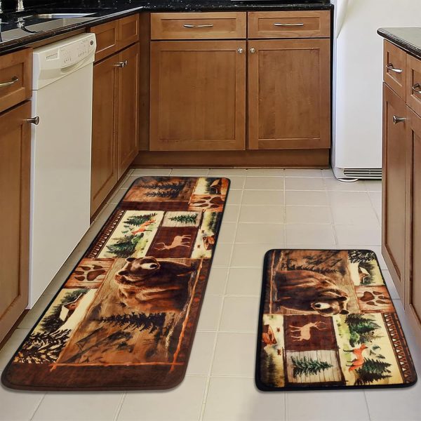 2 Pieces Bear Kitchen Rugs Non Slip Washable Kitchen Mats for Floor, Farmhouse Rustic Teddy Bear Kitchen Mat Rugs, Cushioned Anti Fatigue Kitchen Floor Mats Country Wildlife Rugs for Kitchen Bathroom - Image 2