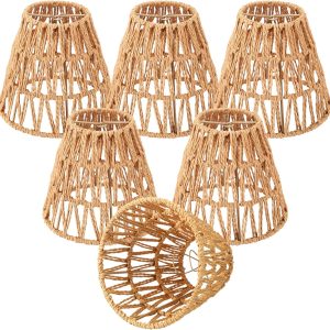 6 Pcs Small Rattan Bell Lamp Shade Boho Handwoven Barrel Rattan Lamp Shade Chandelier Shades Replacement for Table Floor Lamp Pendant Light Fixtures, 5.9" H x 5" D, 1.53" Fitter (Clip on)