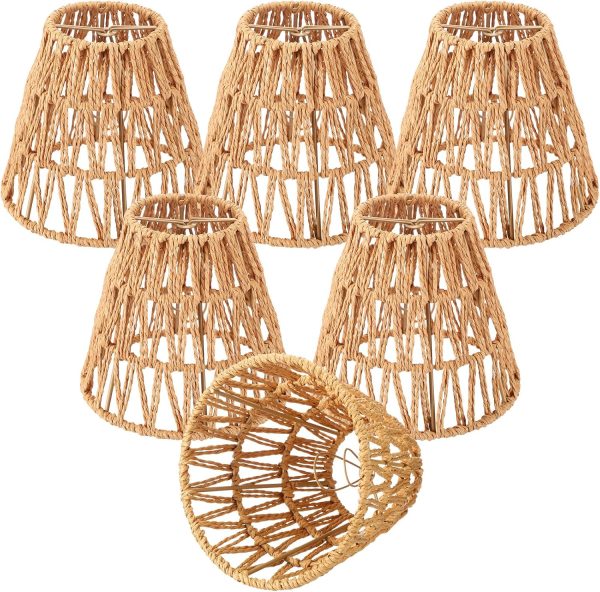 6 Pcs Small Rattan Bell Lamp Shade Boho Handwoven Barrel Rattan Lamp Shade Chandelier Shades Replacement for Table Floor Lamp Pendant Light Fixtures, 5.9" H x 5" D, 1.53" Fitter (Clip on)