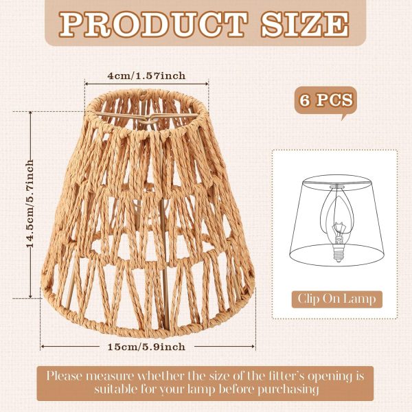 6 Pcs Small Rattan Bell Lamp Shade Boho Handwoven Barrel Rattan Lamp Shade Chandelier Shades Replacement for Table Floor Lamp Pendant Light Fixtures, 5.9" H x 5" D, 1.53" Fitter (Clip on) - Image 2