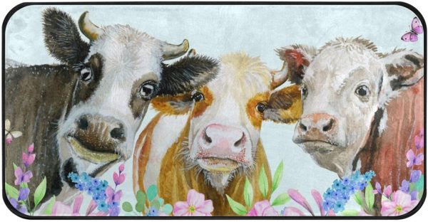 Anti Fatigue Kitchen Mat Kitchen Rugs Non Slip Soft Standing Mats Absorbent Floor Mat Bath Rug Runner Area Rug Carpet for Home Decor Indoor Outdoor, Cows Animals Flowers