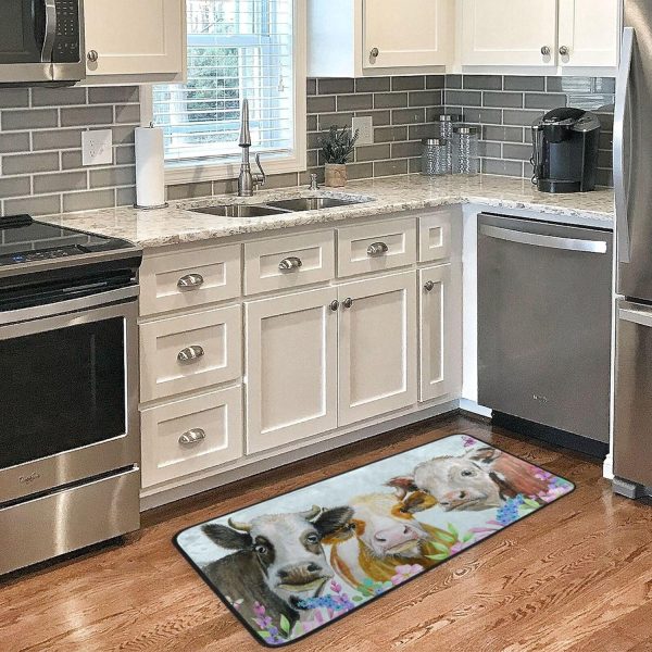 Anti Fatigue Kitchen Mat Kitchen Rugs Non Slip Soft Standing Mats Absorbent Floor Mat Bath Rug Runner Area Rug Carpet for Home Decor Indoor Outdoor, Cows Animals Flowers - Image 2