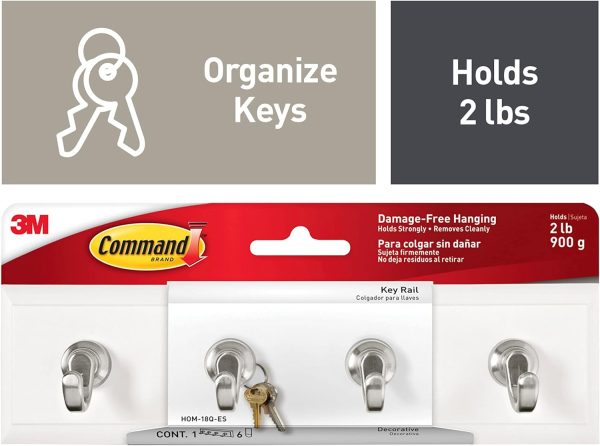 Command Key Rail, Holds up to 2 lb, 8-inch Rail with 4 Key Hooks and 6 Command Strips, Quartz, Removable Key Hooks for Entryway or Hallway, Hang Keys, Hats, Dog Leashes, and Accessories - Image 2