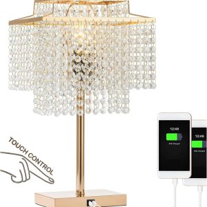 Gold Crystal Table Lamp with 2 USB Charging Ports,Touch Control Lamp with 3-Way Dimmable，Gold Desk Lamps with Elegant Crystal Shade, Nightstand Chandelier lamp for Bedroom, Living Room,End Table