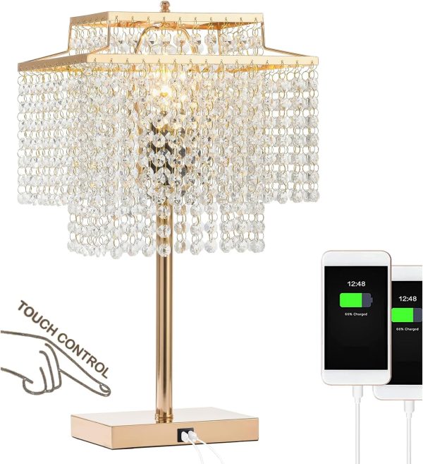 Gold Crystal Table Lamp with 2 USB Charging Ports,Touch Control Lamp with 3-Way Dimmable，Gold Desk Lamps with Elegant Crystal Shade, Nightstand Chandelier lamp for Bedroom, Living Room,End Table