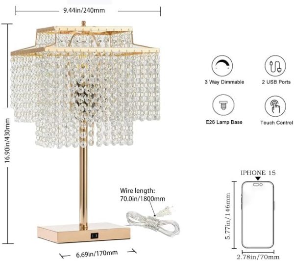Gold Crystal Table Lamp with 2 USB Charging Ports,Touch Control Lamp with 3-Way Dimmable，Gold Desk Lamps with Elegant Crystal Shade, Nightstand Chandelier lamp for Bedroom, Living Room,End Table - Image 2