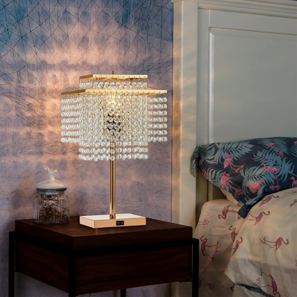 Gold Crystal Table Lamp with 2 USB Charging Ports,Touch Control Lamp with 3-Way Dimmable，Gold Desk Lamps with Elegant Crystal Shade, Nightstand Chandelier lamp for Bedroom, Living Room,End Table - Image 4