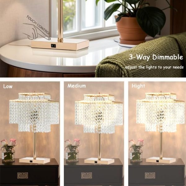 Gold Crystal Table Lamp with 2 USB Charging Ports,Touch Control Lamp with 3-Way Dimmable，Gold Desk Lamps with Elegant Crystal Shade, Nightstand Chandelier lamp for Bedroom, Living Room,End Table - Image 5