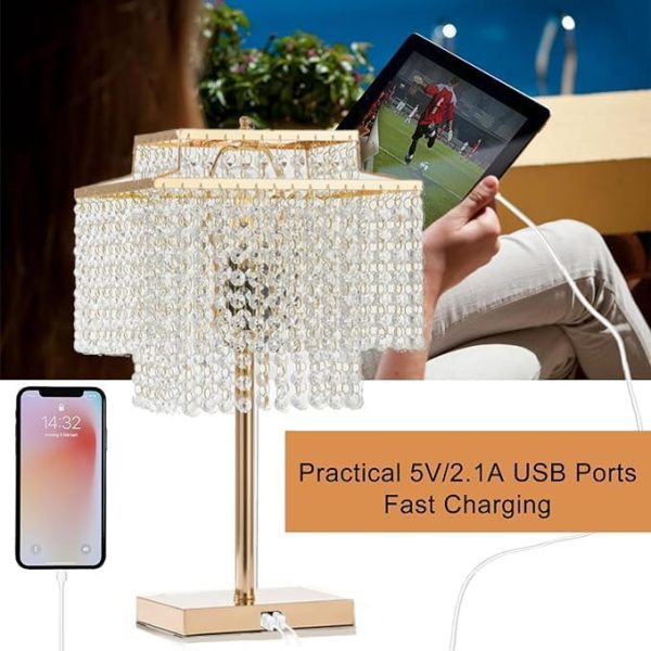 Gold Crystal Table Lamp with 2 USB Charging Ports,Touch Control Lamp with 3-Way Dimmable，Gold Desk Lamps with Elegant Crystal Shade, Nightstand Chandelier lamp for Bedroom, Living Room,End Table - Image 6