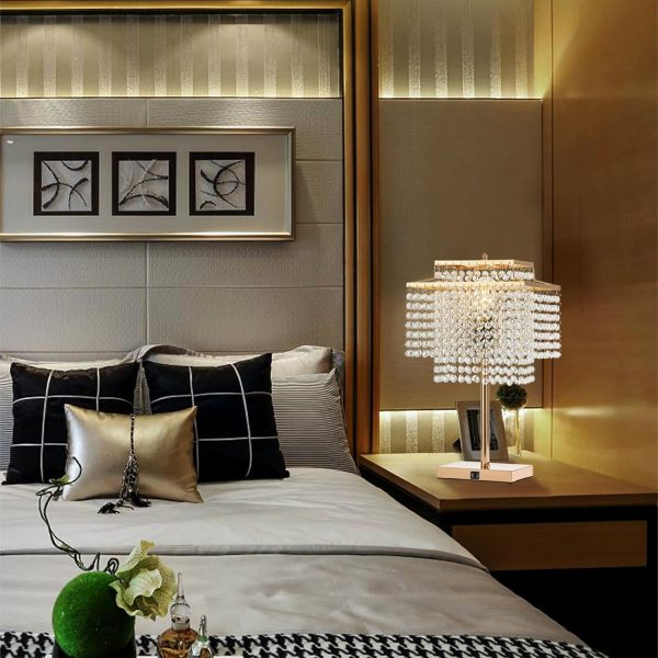Gold Crystal Table Lamp with 2 USB Charging Ports,Touch Control Lamp with 3-Way Dimmable，Gold Desk Lamps with Elegant Crystal Shade, Nightstand Chandelier lamp for Bedroom, Living Room,End Table - Image 8