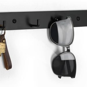 Key Holder for Wall, Key Rack with 4 Key Hooks to Hang Keyrings, Dog Leash, Umbrella, Sunglasses – Key Hanger with Mounting Hardware for Glass, Tile and Wood (10.9” x 1.4” x 1.0”) (Black)