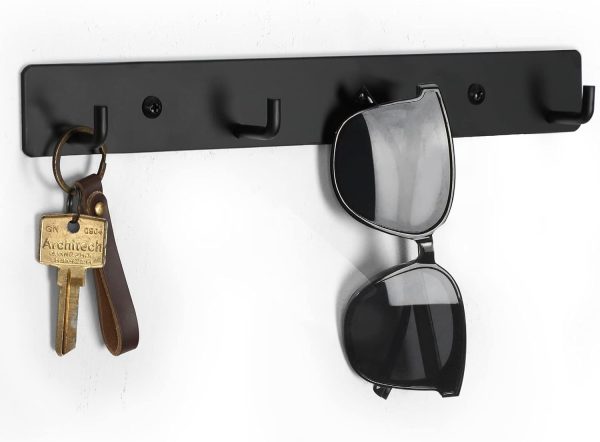 Key Holder for Wall, Key Rack with 4 Key Hooks to Hang Keyrings, Dog Leash, Umbrella, Sunglasses – Key Hanger with Mounting Hardware for Glass, Tile and Wood (10.9” x 1.4” x 1.0”) (Black)