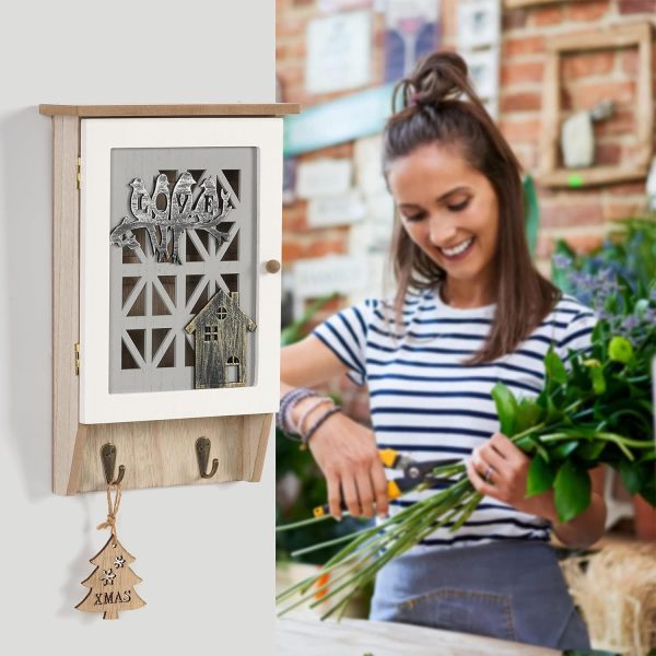 Wooden Key Holder for Wall Key Cabinet, Decorative Key Box Key Hooks Wall Mounted Key Hangers Key Storage Rack with 8 Hooks for Home Decor Office Entryway Hallway Bedroom Living Room - Image 4